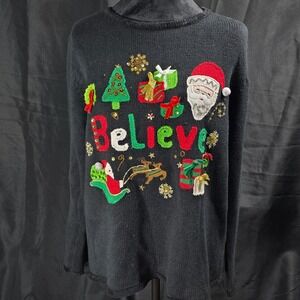 Vintage Tiara International Black Christmas Sweater Believe‎ Embellished L 90's
